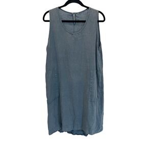 Homefrocks Linen Shift Dress Blue Gray Hand Dyed Sleeveless Pockets Midi MEDIUM